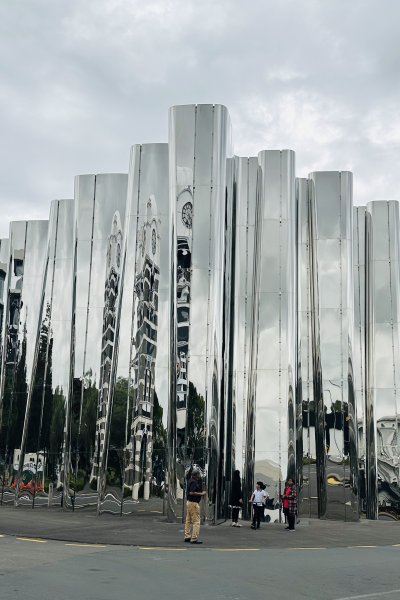 Reflective stainless steel exterior of Len Lye Centre in New Plymouth, a must-see modern art destination during an Auckland to Wellington road trip via New Playmouth
