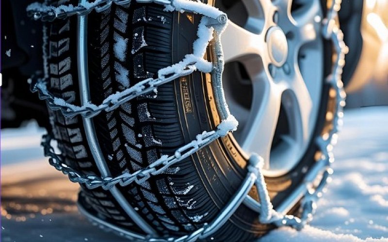 Car tyre with snow chains on a snowy road, providing traction and safety for winter driving.