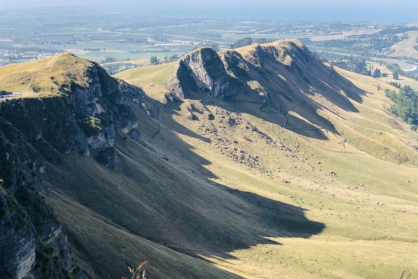 Te Mata Peak with rugged cliffs and golden hills overlooking the Hawke’s Bay region, a spectacular scenic stop on the Auckland to Wellington road journey via Napier and Hastings.